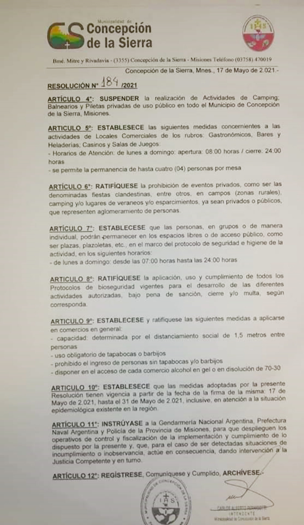 Municipalidad de Concepción de la Sierra, a través de la Resolución Nº 184/2021