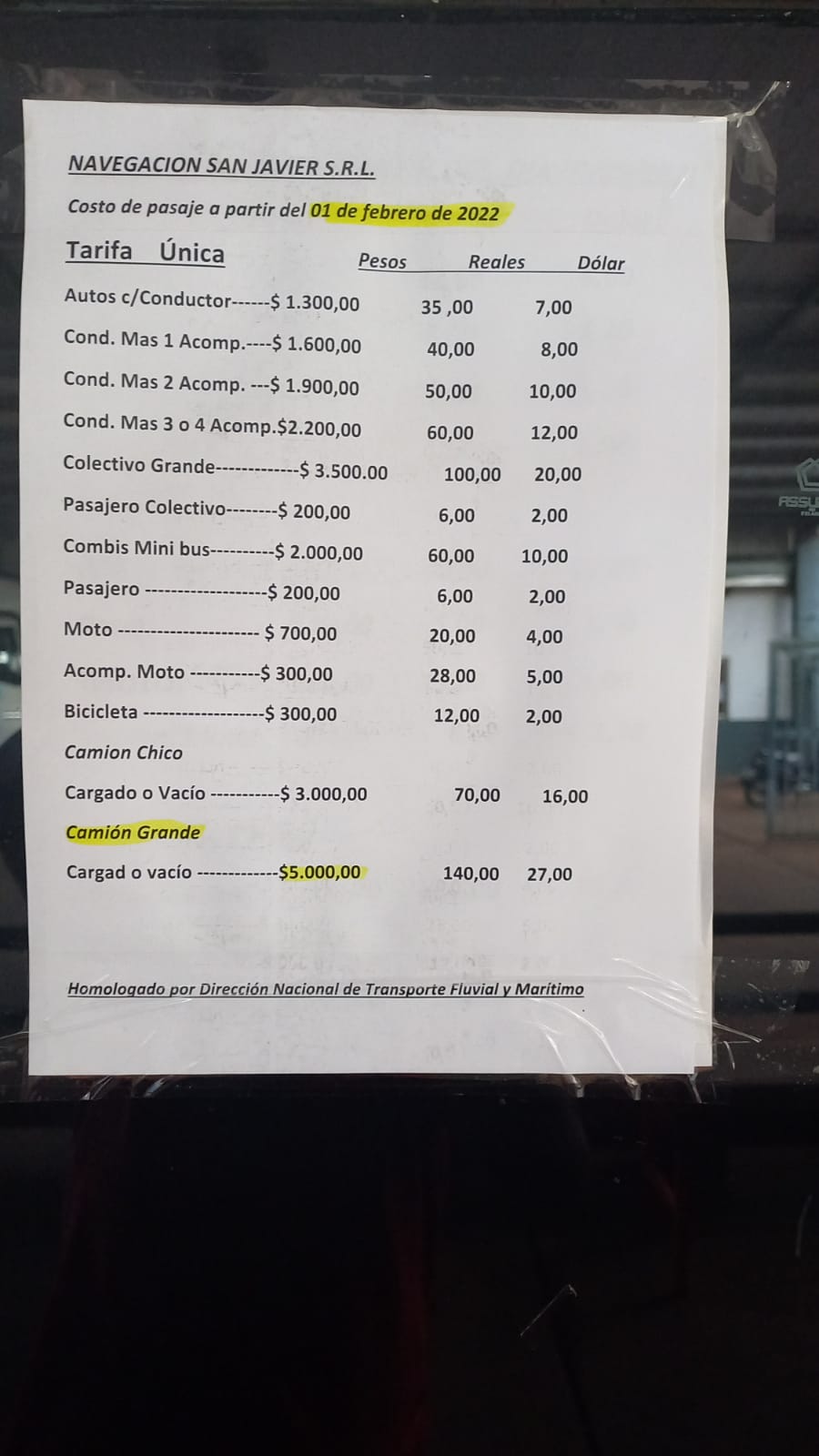 Tarifas actuales